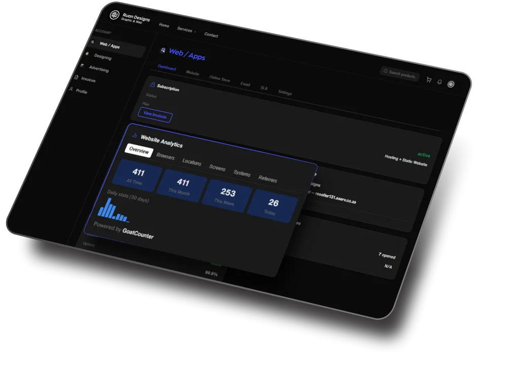 Ruan Designs dashboard — web, design, ads and print all in one place