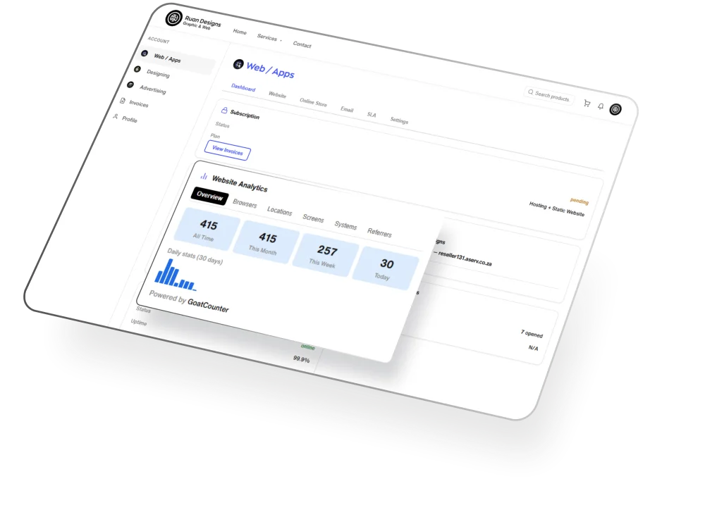 Ruan Designs dashboard — web, design, ads and print all in one place